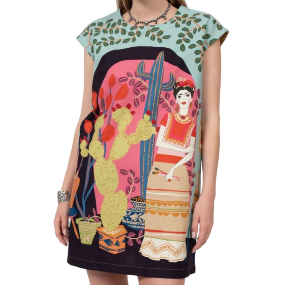 🆕UNCLE FRANK The Artist Dress Frida Kahlo Graphic Print Cap Sleeves Pockets -Sm